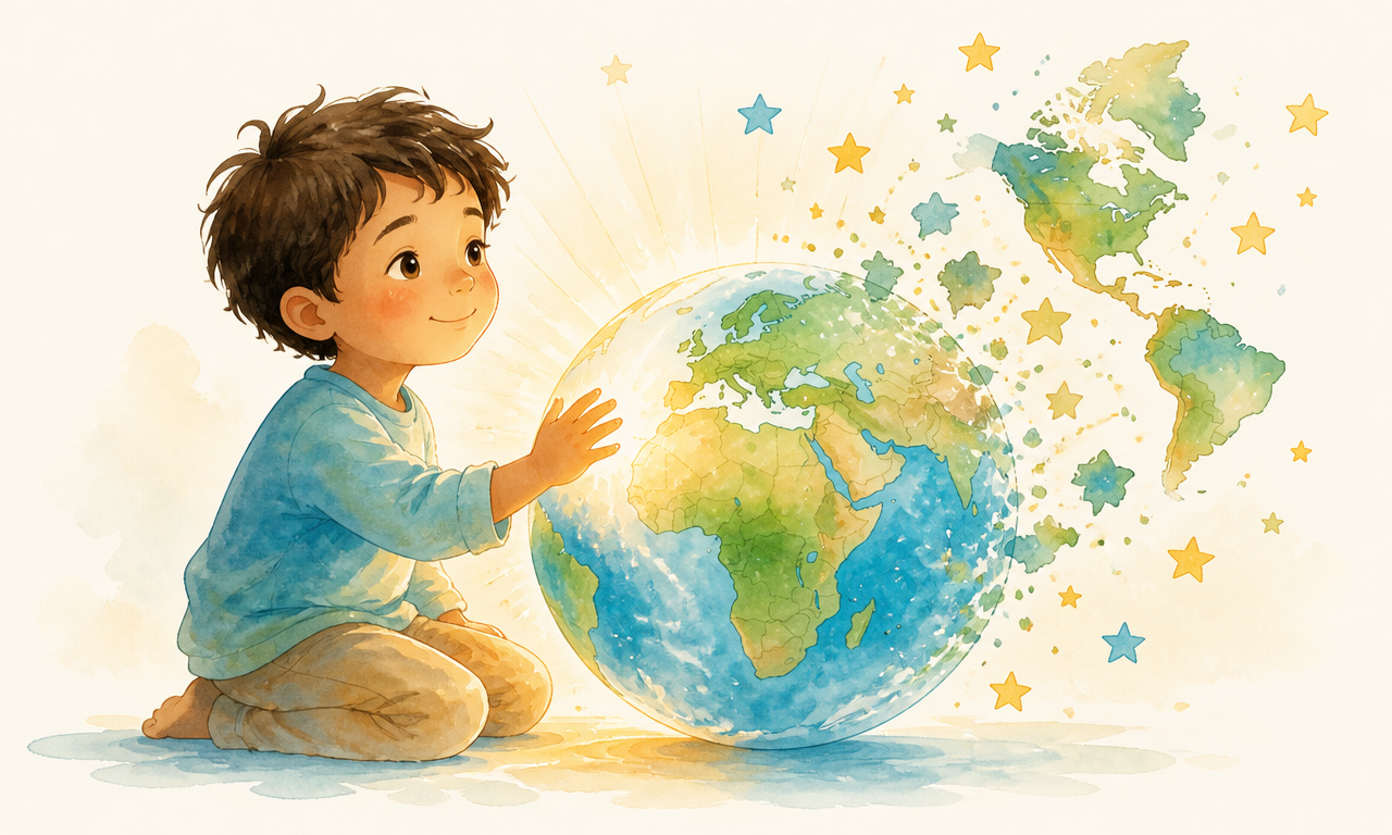 Ilustração suave de uma criança tocando um globo terrestre com luzes e estrelas ao redor, simbolizando o mundo se expandindo pelo cuidado e pelo desenvolvimento